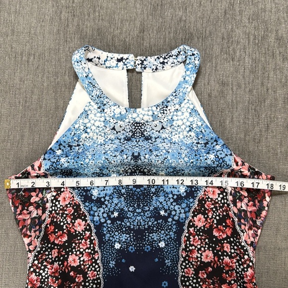 Guess Los Angeles Floral Panel Bodycon Halter Dress Blue Pink Black Sz 14 Party - Picture 3 of 8